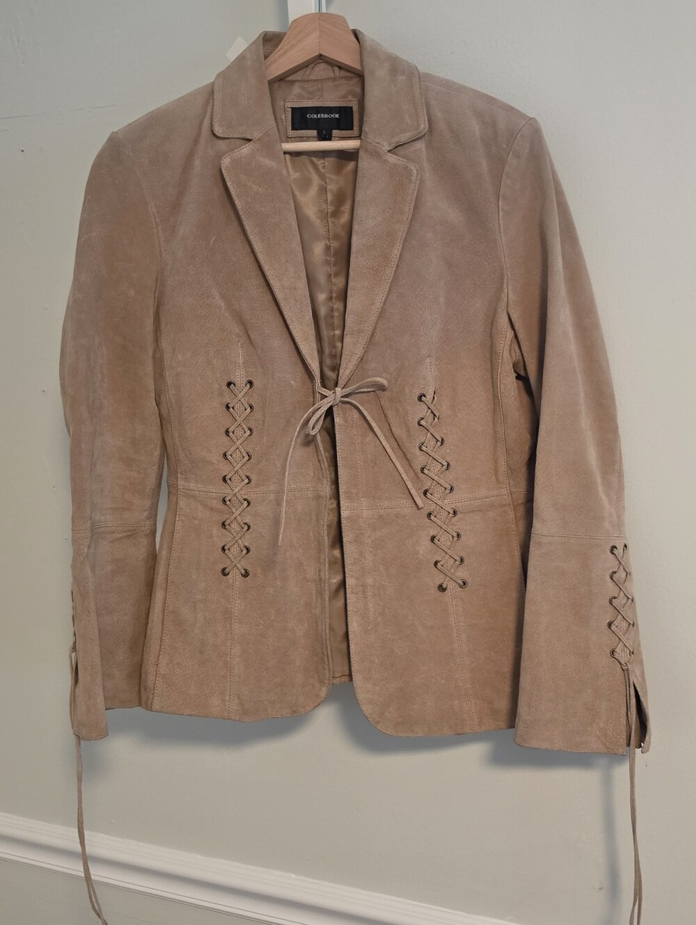 Colebrook 100% Suede Leather Corset Lace Blazer Jacket Tan Y2K LARGE Country